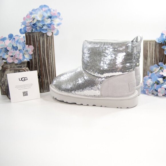 UGG Classic Mini Mirror Ball Silver Sequin Sheepskin Suede Boots Size 7 NIB - Picture 5 of 7